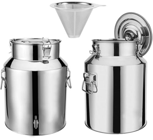 Yiustldd Bidon à Lait Robuste - Bidon à Lait en Acier Inoxydable de 5 à 88 L, bidon à vin, Seau, Bouteille, réservoir de Transport avec Robinet, Entonnoir 250 Mesh,28L