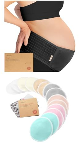 KeaBabies Maternity Belly Band and Reusable Nursing Pads - Soft & Breathable Pregnancy Belly Support Belt - 14 Washable Breastfeeding Pads + Wash Bag, Nipple Cover