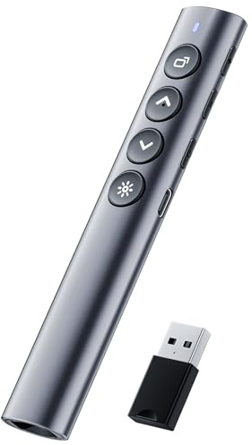 SunnyOcean Wireless Presenter, Aluminum Alloy Rechargeable Wireless Presentation Clicker with Red Pointer, PowerPoint Clicker Remote for PC Computer, Laptop, Classroom Accessories for Teachers Grey
