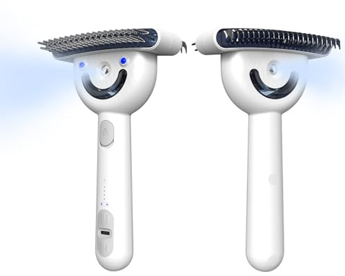 Double-Sided Pet Deshedding Dematting Comb & Steam Brush with 2 Spray Levels, Extra-Wide Detangling Undercoat Rake for Long-Hair Dogs & Cats Matted Fur, Knots, Rechargeable Grooming & Massage Tool