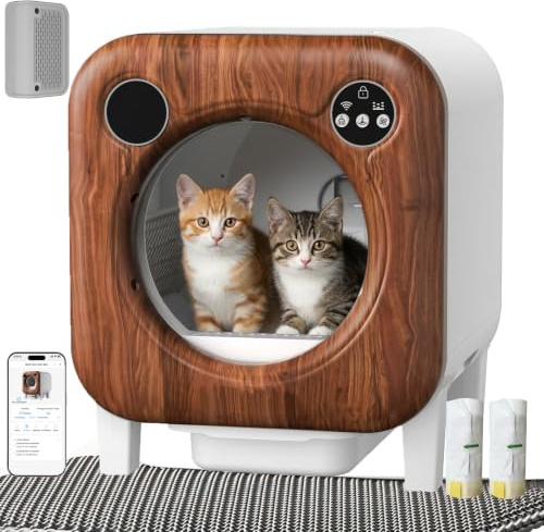 Gimars Litière pour Chat XXL 90 L Anti-pincement avec contrôle par Application, bac à litière Automatique pour Chat avec Tapis, Sacs poubelles et marchepied, Triple capteurs et contrôle des odeurs