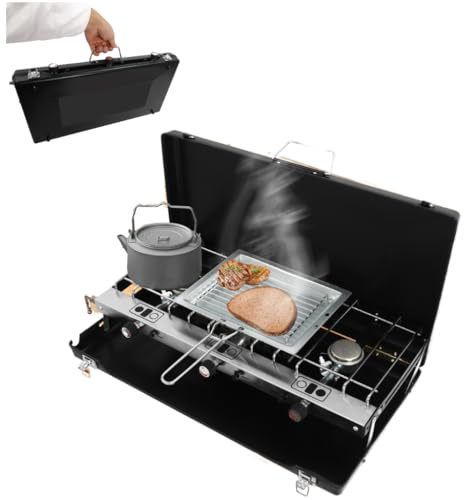 Klappgrill, Tragbarer Camping Grill, 3-Flammen-Campingkocher (4,5 kW), 56,5x30x34 cm, Piezo-Zündung für Camping, Grillpartys, Picknicks oder Wanderungen im Freien, Schwarz