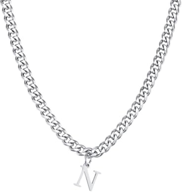 PAMTIER Initial Herrhalsband A-Z Hänge Rostfritt Stål Fin Liten Alfabet Kedja Enkel Vintage Bokstav Smycken Silver Brev N