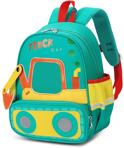 PROTAURI Zainetto Asilo Bambino con Cinturino Toracico, Zaino Bimbo Asilo Riflettente e Impermeabile, Zaino Asilo Nido Leggero 3D-Escavatore per 2-6 Anni, 10.4L, Verde