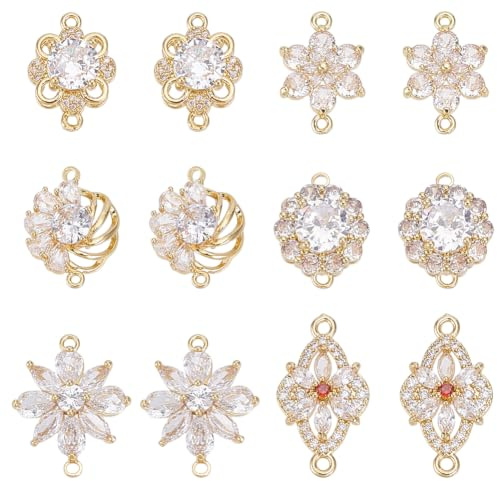 HOBBIESAY 12 piezas de conectores colgantes de latón con circonita de 18 K chapado en oro rombo izquierdo flores enchufe zirconia cristal chispas piedras colgantes para fabricación de joyas pulseras