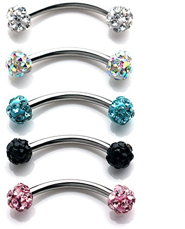 Ruifan 5PCS 16G 10mm Mix Color Crystal Ferido Ball Curved Barbell Eyebrow Ear Ring Body Piercing Jewelry