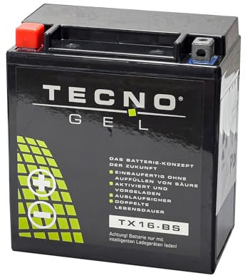 TECNO-GEL Motorrad-Batterie für YTX16-BS für KAWASAKI VN 1700/2000 Classic, Tourer, Voyager, Vulcan 2004-2017, 12V Gel-Batterie 16Ah (DIN 51490), 150x87x161 mm
