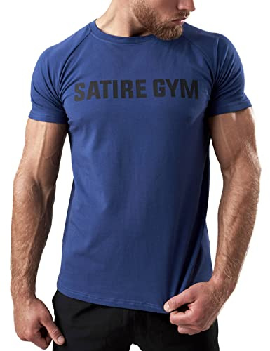 Satire Gym - Maglietta fitness slim fit da uomo in cotone/Abbigliamento sportivo aderente e ad asciugatura rapida per uomini – Maglietta sportiva da uomo come maglietta da palestra e fitness, blu navy