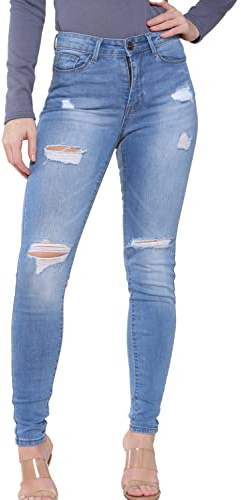 989Zé ENZO EZL417 Womens Jeans Skinny Stretch Ripped Trousers Ladies Denim Slim Fit Pants with Rips Waist Sizes UK 8-20 (16, Light Blue)