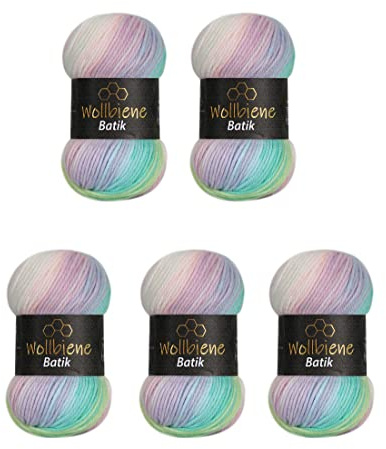 Wollbiene Batik 5 ovillos de 100 g, 500 gramos, lana con degradado multicolor, multicolor, lana para tejer, ganchillo (2010 verde, rosa, blanco pastel)