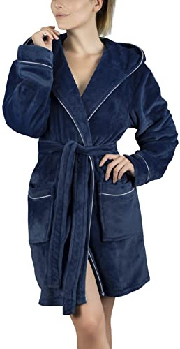 Gräfenstayn Bademantel Damen flauschig mit Kapuze - Kuschelfleece - Öko-Tex Standard 100 - Morgenmantel leicht & kurz - Größe (S, Blau)