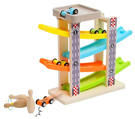Kugelbahn Auto Holz ab 1 2 Jahr Auto Rennbahn Holzspielzeug mit 4 Autos und 3 Minibowling Kugelbahn Autorennbahn aus Holz Kinderspielzeug Geschenke für Jungen und Mädchen
