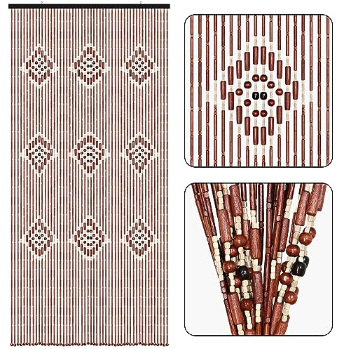 Boshen Bamboo Beaded Curtain Boho Bead Curtain 52 Strands 35.4x74.8inch Natural Wooden Door Bead Curtain Handmade for Doorway Hanging Door Beads Room Divider Home Decor