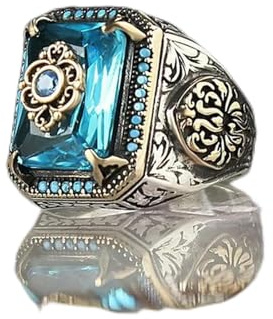 LWXLP Bague chevalière turque faite à la main pour hommes, Vintage, couleur argent, motif sculpté, incrustation de Zircon vert, bague Punk de fête