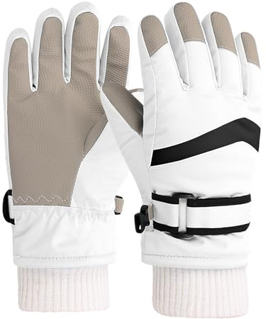 Risipu Kinder-Skihandschuhe, Winter, wasserdichte Handschuhe, warme Fleece-Handschuhe, schneefest, Snowboardhandschuhe, kaltes Wetter, Handschuhe für 4–12 Jungen, Mädchen (Weiß, M)