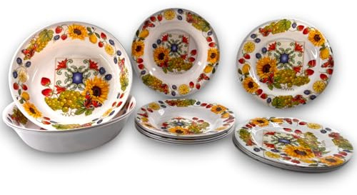 Set di Stoviglie in Melamina - 15 Pezzi, 2 Fantasie Disponibili - 6 Piatti Piani, 6 Piatti Fondi, 3 Insalatiere - Leggero, Durevole, Lavabile in Lavastoviglie, BPA Free (Melamina, Campagna)