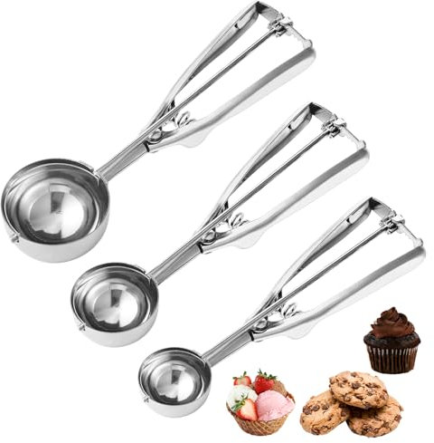 Keksportionierer Set, 3 Stück Eisportionierer Edelstahl (1 EL, 2 EL, 3 EL), Eislöffel Portionierer mit Auslöser für Cupcakes, Eiscreme, Muffins, Fleischbällchen, Melonenkugeln