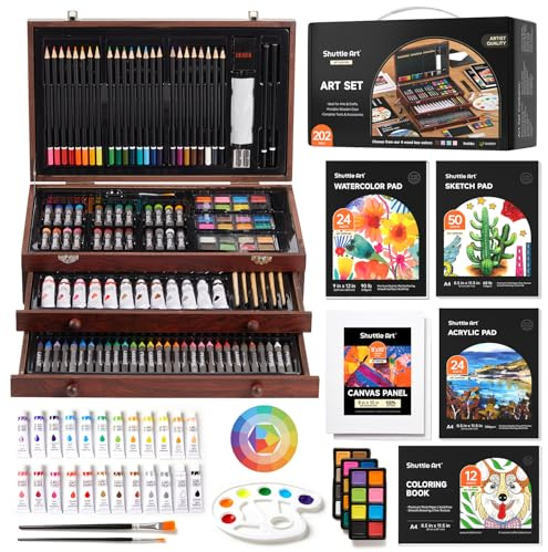 Shuttle Art 202 Pièces Malette Dessin Enfant, Kit Dessin en Bois avec 4 Blocs, Toiles, Peinture Acrylique, Crayons de Couleur, Crayons de Cire, Pastels pour Enfants Adultes