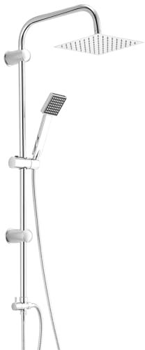 Youyijia Shower Riser Kit Shower Mixer Twin Head Shower Set Bathroom Square Mixer with Handheld Shower and 8 Square Overhead Adjustable Rainfall Taps and Hose Chrome Plated Kit