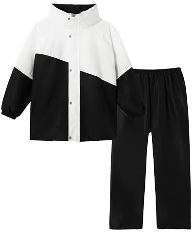 Volunboy Enfants Imperméable à Capuche Boutons Manteau Veste de Pluie et Pantalon Combinaison pour Fille Garçon(13-14 ans,Noir Blanc,4XL)