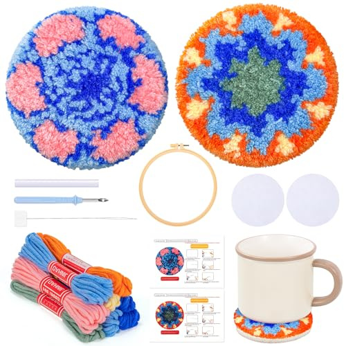 JSRQT 2 Pezzi Punch Needle Coaster Kit Mandala, Kit di Avviamento Ricamo Aghi Punzonatura per Principianti Adulti, Set di Sottobicchieri Punto Croce Fai da Te con Telaio da Ricamo e Istruzioni