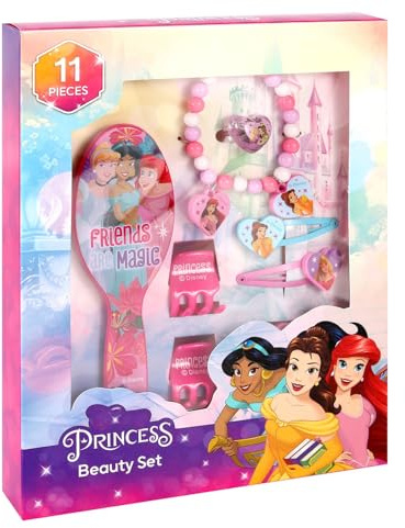 Princess Hair & Jewellery Beauty Set for Girls – 11-Piece Kids Brush, Bracelet, Rings, Hair Clips & Elastics Gift Set in Presentation Box – Pretend Play Accessories for Children Age 3+