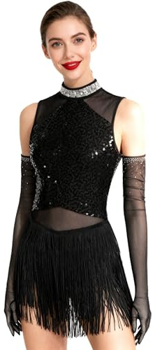 Alvivi Vestido de Baile Latino Flecos Mujer Maillot Patinaje Artístico de sin Mangas con Guantes de Malla Pedrería Traje de Baile Salsa Chacha Tango S-XXL Negro M