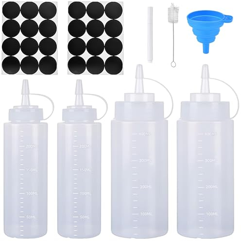 VIVIIHOO Set 4 Bottiglie da spremere - 250ml e 500ml Bottiglie da spremuta per Alimenti, Bottiglia per spruzzare e Bottiglia dosante per Salse, Ketchup, Olio, griglia, Pittura, Cucina (8oz/16oz)