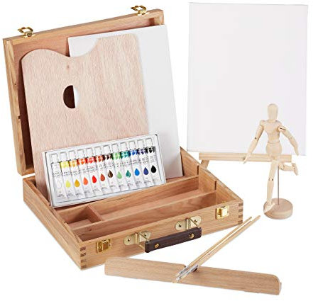 Relaxdays 10026740_1053 Coffret de Peinture,22 pièces Set Peintre,Bois Mannequin,Palette de mélange, Pinceau, chevalet, Toile,Couleurs, d’Orme, Naturel, 30,5 x 32 x 7,5 cm