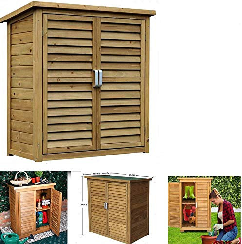 HYGRAD All Weather Wooden Outdoor Garden Lawn Cabinet Tool Shed Double Doors with Shelf Hinged Roof Compact Size (Large: 87 x 46.5 x 96cm)