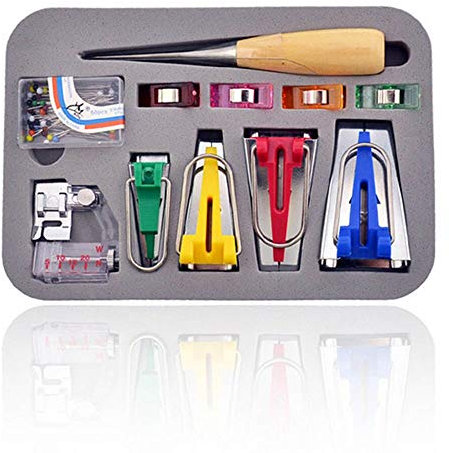 Schrägbandformer 4 Größen Stoffklammern Nähen & Schrägband Nähfuß & Perlenkopfnadeln & Ahle für Nähen Quilting Jersey 6/12/18/25 mm Tape Maker Set