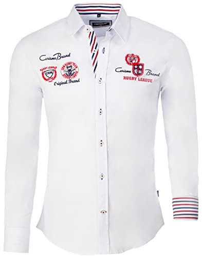 CARISMA Camicia casual da uomo a maniche lunghe con ricamo e polsini a contrasto, abbottonatura casual, tempo libero, 8004, bianco, XL