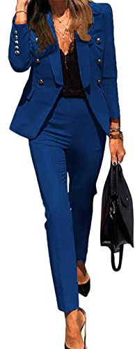 Minetom Tailleur Femme 2 Pièces Elegant Couleur Unie Blazer Veste Formel Bureau Travail Pantalon Costumes A Bleu 38