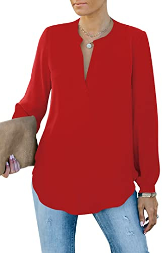 Homlan Blusa Elegante para Mujer, Cuello en V, Manga Larga, Informal, túnica, Camiseta de Manga Larga, Monocolor, Suelta, Rojo, M