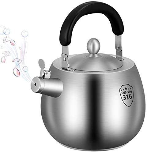 Heavy Duty Tea Kettle Whistling Teakettle Stovetop Teapot, 316 Stainless Steel, Seamless Bottom, Folding handle, Brushed Finish (4L)