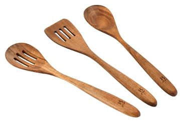 San Ignacio Compact - Ustensiles de cuisine à 3 pièces - Fabriqué en bois acacia - 1 cuillère à fente 33 cm + 1 cuillère solide 32 cm + 1 cuillère Ranradacm - Qualité maximale