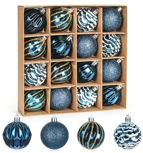 Weihnachtskugeln Dunkelblau, 16 Stück Weihnachtskugeln Set, Christbaumkugeln Kunststoff 6cm, Bemalte Baumschmuck Weihnachtsbaumkugeln Groß, Plastikkugel Christbaumschmuck Hängedekorationen