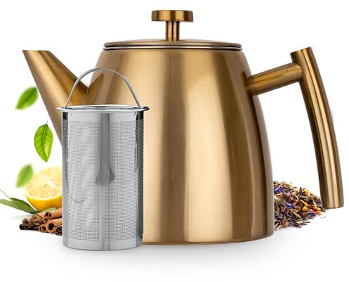 Vaja Trends Théière, 1L doré à Double Paroi en Acier Inoxydable Théière avec Infuseur et Réchaud, Machine à Thé