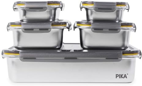 Pika | Lot de 5 boites alimentaires en inox |1x 5000ml + 2x 1300ml + 2x 650ml | Spécial Batch cooking | Compatible au micro-ondes, four, congélateur | Rangement facile
