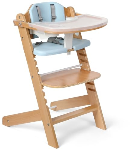 Cowiewie Hochstuhl mitwachsend ab 6 Monaten bis 90kg - Hochstuhl aus Naturholz, 8-fach höhenverstellbar - Mit abnehmbarem Tablett, 2 Tellern & gepolstertem Sitz für Baby, Kleinkind & Erwachsene (Blau)