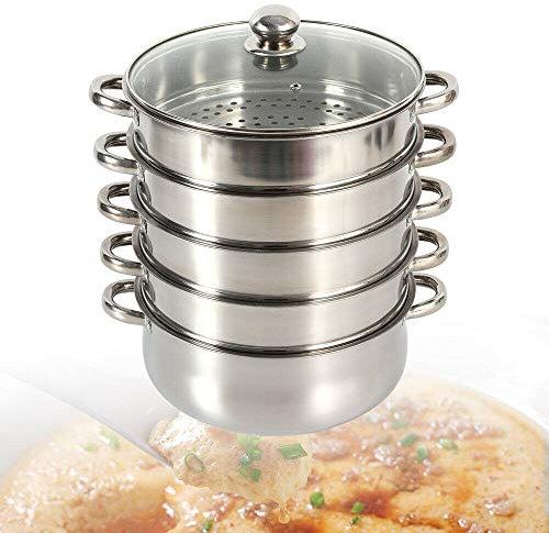 Stainless Steel Steamer, 5-Layer Dampfgarer Edelstahl Topf mit Glasabdeckung, Hohes Volumen Steam Cooker Set für alle Herdarten (26cm)