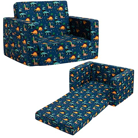BEJOY Canapé-lit pliable 2 en 1 - Pour chambre d'enfant - Parfait comme cadeau d'anniversaire pour filles et garçons - Bleu marine avec dinosaures