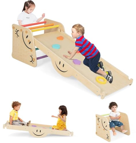 HOMASIS Triangolo da arrampicata 5 in 1 per interni, scaletta da arrampicata con rampa, scaletta regolabile per bambini, arrampicata in legno, multifunzionale, parco giochi, arco da arrampicata dai 3