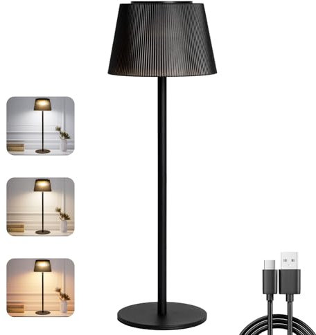 skelo Lampada da Tavolo Senza Fili Touch Dimmerabile Ricaricabile Lampade da tavolo USB-C IP54 3 colori 3 Altezze 4800mah Metallo Adatto per Interni ed Esterni Nero