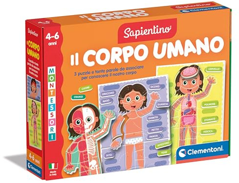 Clementoni Sapientino Montessori - Människokroppen - Montessori-spel för 4 år, pedagogiskt spel för att lära känna barns mänskliga kropp, anatomi, formade kort, lära sig nya ord, tillverkad i Italien,