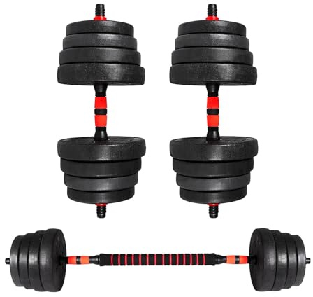 EIGFOH Mancuernas 50KG, Pesas y Mancuernas Ajustables, Barra de Conexión y Extensión, Mangos Antideslizantes, Juego de Mancuerna 3 en 1, Pesas Ajustables, Gimnasio en Casa (rojo 50KG)