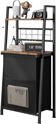 FTEYUET Laundry Basket with Shelf, 2-Tier Laundry Hamper with Wooden Shelves and Hooks, Pull-Out and Removable Laundry Bag, Laundry Sorter with Divided Bag, Rustic Brown and Black