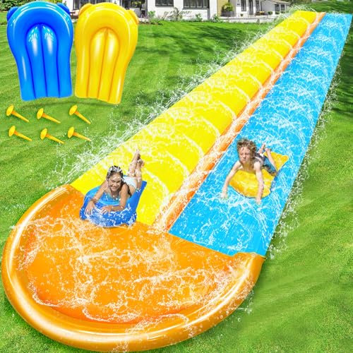 iGeeKid Scivolo d'Acqua Extra Lungo da 9,1 m con irrigatore, acquascivolo Resistente per Bambini e Adulti, Scivolo d'Acqua a Doppia corsia con 2 Bodyboard
