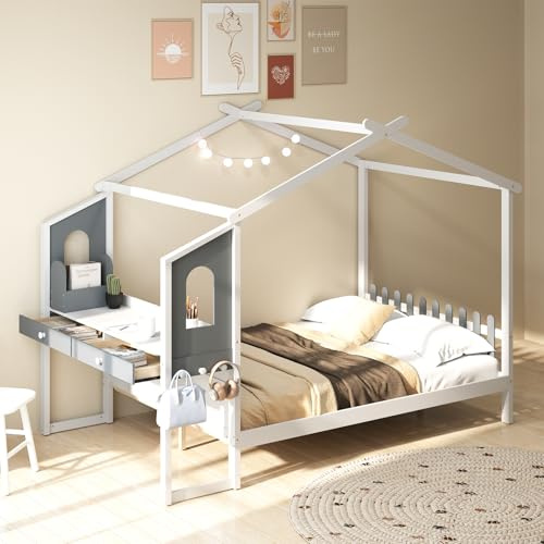 COSTWAY Lit Cabane Enfant 140 x 200 cm avec Grand Bureau, Lit Maison Double en Bois avec sommier à Lattes, Crochets et Tiroirs, Cadre de Lit Plateforme pour Garçon et Fille, Blanc et Gris