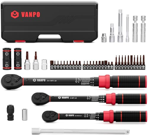 VANPO 47-Piece Torque Wrench Set, 1/4, 3/8, 1/2 Drive Click Torque Wrench (20–240 in-lb, 5–45 & 10–170 ft-lb), with S2 Bits, Wheel & Spark Plug Sockets for Lug Nuts, Car, Motorcycle & Bike Repair
